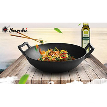 Wok de ferro fundido pré-temperado com fundo plano